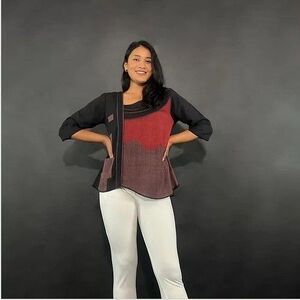 Dragonfly Medium Blouse Black Red Colorblock Tunic 3/4 Sleeve Cotton